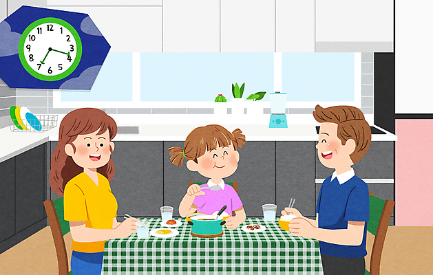 PSD 라이프스타일 여자 남자 화분 어린이 시계 의자 일러스트 가족 식탁 밥 반찬 함께함 수저 웃음 소녀 상반신 성인 세명 저녁식사 저녁 찌개 먹기 일과 국내일러스트 식기 음식 가구 컨셉 관계 모션 탁자 표정 사람 생활 식사 야간 파일형식