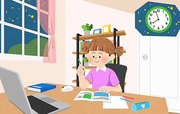 PSD 라이프스타일 여자 화분 어린이 시계 액자 의자 일러스트 밤하늘 선반 한명 들기 소녀 상반신 책 노트북 학습 펜 저녁 집중 책상 과제 일과 필통 소녀한명만 국내일러스트 1 교육 가구 컨셉 모션 하늘 학용품 사람 생활 전자제품 필기구 야간 여자한명만 소녀만 파일형식