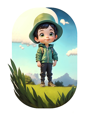 JPG 전신 구름 편집이미지 모자 남자 어린이 인물캐릭터 하늘 아웃도어 한명 서기 소년 잔디 야외 초록색 캠핑 풀 소년한명만 편집실사 AI컴퓨터그래픽 AI콘텐츠 자연요소 식물 캐릭터 1 잡화 컬러 모션 레저 사람 CG 남자한명만 소년만 파일형식