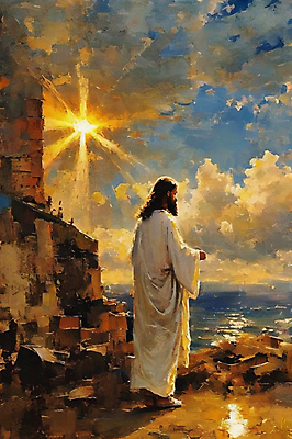 JPG 전신 구름 남자 기독교 바다 일러스트 하늘 붓터치 한명 서기 성인 태양 일몰 절벽 예수 그림 유화 성인남자한명만 국내일러스트 AI일러스트 AI콘텐츠 자연요소 1 종교 모션 미술 사람 노을 신_종교 남자한명만 성인남자만 파일형식