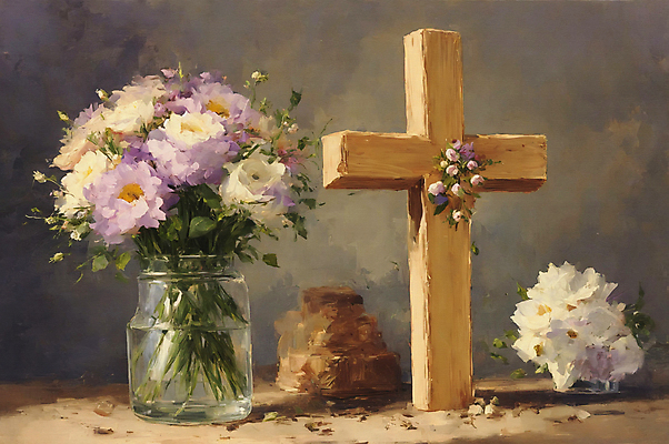 JPG 꽃 기독교 십자가 일러스트 붓터치 유리병 사람없음 꽃병 그림 유화 국내일러스트 AI일러스트 AI콘텐츠 식물 종교 병_용기 미술 파일형식