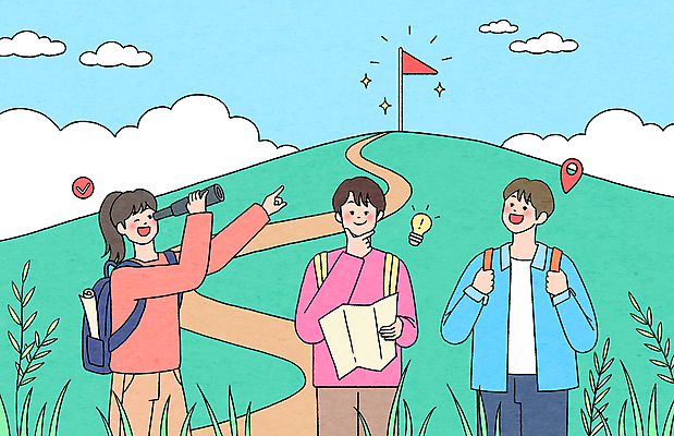 PSD 구름 여자 남자 지도 일러스트 전구 손짓 상반신 청년 성인 세명 희망 망원경 올려보기 가리킴 깃발 풀 목표 정상 위치 오르막 성인만 국내일러스트 자연요소 식물 감정 컨셉 모션 사람 파일형식