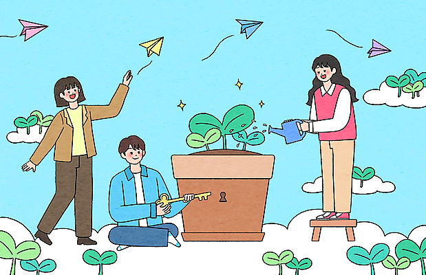 전신 PSD 구름 여자 남자 화분 의자 일러스트 하늘 열쇠 날리기 서기 들기 앉기 청년 성인 세명 새싹 희망 물뿌리개 종이비행기 물주기 원예 열쇠구멍 성인만 국내일러스트 자연요소 식물 감정 가구 모션 사람 취미 종이접기 파일형식