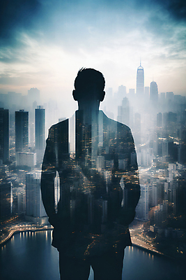 JPG 편집이미지 남자 실루엣 비즈니스 사람모양 한명 상반신 성인 건물 고층빌딩 도시 빌딩숲 성인남자한명만 편집실사 AI컴퓨터그래픽 AI콘텐츠 모양 1 건축물 촬영기법 사람 빌딩 CG 남자한명만 성인남자만 파일형식