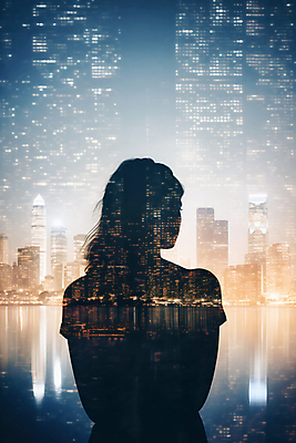 JPG 편집이미지 여자 실루엣 비즈니스 사람모양 한명 상반신 성인 건물 고층빌딩 도시 빌딩숲 성인여자한명만 편집실사 AI컴퓨터그래픽 AI콘텐츠 모양 1 건축물 촬영기법 사람 빌딩 CG 여자한명만 성인여자만 파일형식