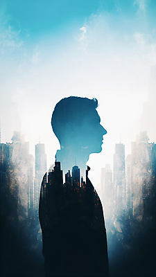 JPG 편집이미지 남자 실루엣 비즈니스 사람모양 한명 상반신 성인 건물 고층빌딩 도시 빌딩숲 성인남자한명만 편집실사 AI컴퓨터그래픽 AI콘텐츠 모양 1 건축물 촬영기법 사람 빌딩 CG 남자한명만 성인남자만 파일형식