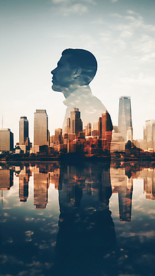 JPG 편집이미지 남자 실루엣 비즈니스 사람모양 한명 상반신 성인 건물 고층빌딩 도시 빌딩숲 성인남자한명만 편집실사 AI컴퓨터그래픽 AI콘텐츠 모양 1 건축물 촬영기법 사람 빌딩 CG 남자한명만 성인남자만 파일형식