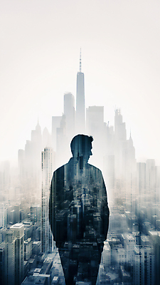 JPG 편집이미지 남자 실루엣 비즈니스 사람모양 한명 상반신 성인 건물 고층빌딩 도시 빌딩숲 성인남자한명만 편집실사 AI컴퓨터그래픽 AI콘텐츠 모양 1 건축물 촬영기법 사람 빌딩 CG 남자한명만 성인남자만 파일형식