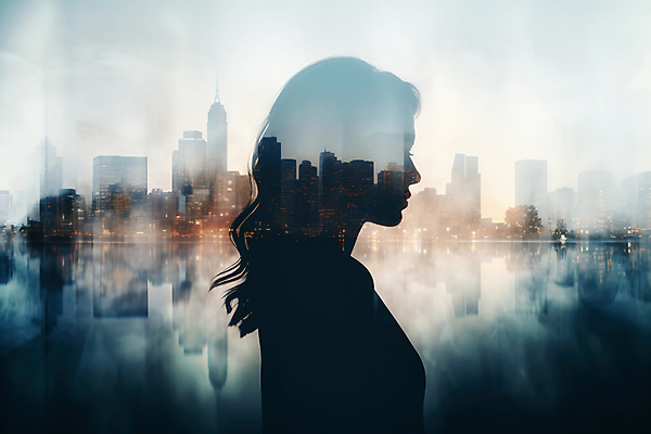 JPG 편집이미지 여자 실루엣 비즈니스 사람모양 한명 상반신 성인 건물 고층빌딩 도시 빌딩숲 성인여자한명만 편집실사 AI컴퓨터그래픽 AI콘텐츠 모양 1 건축물 촬영기법 사람 빌딩 CG 여자한명만 성인여자만 파일형식