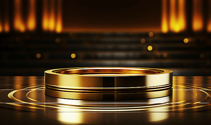 JPG 편집이미지 사람없음 금속 공간 금색 원형 황금 디지털합성 광택 단상 포디움 목업 편집실사 AI컴퓨터그래픽 AI콘텐츠 도형 컬러 재질 무대 CG 파일형식