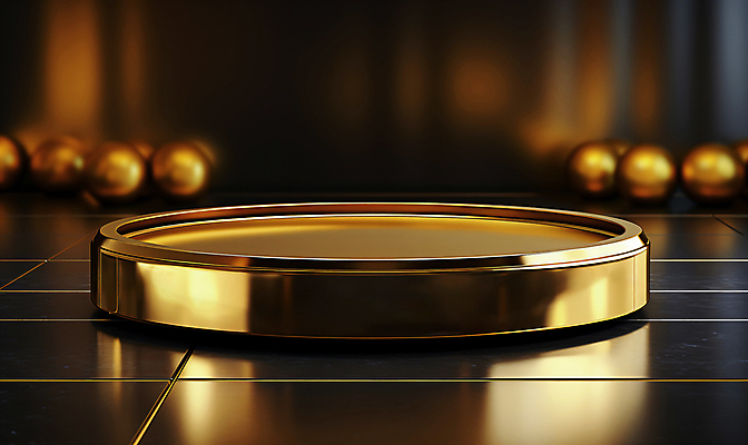 JPG 편집이미지 사람없음 금속 공간 금색 원형 황금 디지털합성 광택 단상 포디움 목업 편집실사 AI컴퓨터그래픽 AI콘텐츠 도형 컬러 재질 무대 CG 파일형식