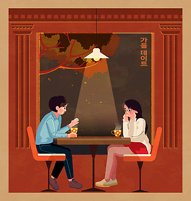 커플 여자 남자 낙엽 의자 데이트 일러스트 탁자 단풍나무 티타임 조명 사랑 앉기 손짓 성인 두명 빨간색 마주보기 카페 가을 커피잔 연애 창밖 꽃받침 성인만 국내일러스트 AI파일 나무 계절 감정 커피 컬러 가구 단풍 잎 창문 관계 모션 휴식 잔 사람 상점 파일형식 벡터