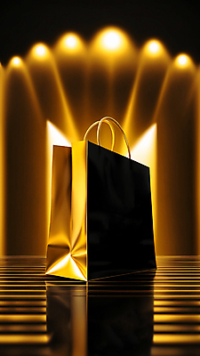 JPG 편집이미지 조명 사람없음 빛 반짝임 쇼핑 쇼핑백 검은색 금색 스포트라이트 목업 블랙프라이데이 편집실사 AI컴퓨터그래픽 AI콘텐츠 컬러 가방 모션 데이이벤트 CG 파일형식