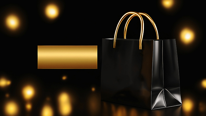 JPG 편집이미지 사람없음 쇼핑 쇼핑백 금속 검은색 금색 빛망울 목업 블랙프라이데이 보케백그라운드 편집실사 AI컴퓨터그래픽 AI콘텐츠 컬러 백그라운드 가방 데이이벤트 재질 빛 CG 보케 파일형식