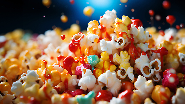 JPG 편집이미지 사람없음 떨어짐 가득함 팝콘 시럽 알록달록 편집실사 AI포토 AI콘텐츠 컨셉 컬러풀 CG 파일형식