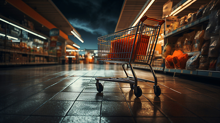 JPG 편집이미지 음식 조명 거리 사람없음 쇼핑 장보기 어둠 쇼핑카 상품 디지털합성 진열장 마트 편집실사 AI포토 AI콘텐츠 상점 카트 CG 파일형식