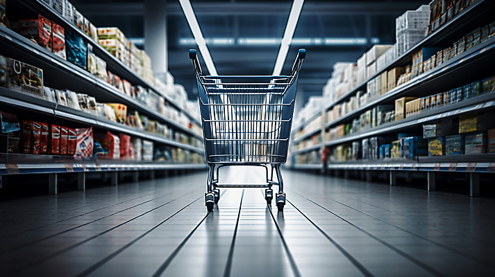 JPG 편집이미지 음식 조명 실내 사람없음 쇼핑 장보기 쇼핑카 상품 디지털합성 진열장 마트 편집실사 AI포토 AI콘텐츠 내부 상점 카트 CG 파일형식