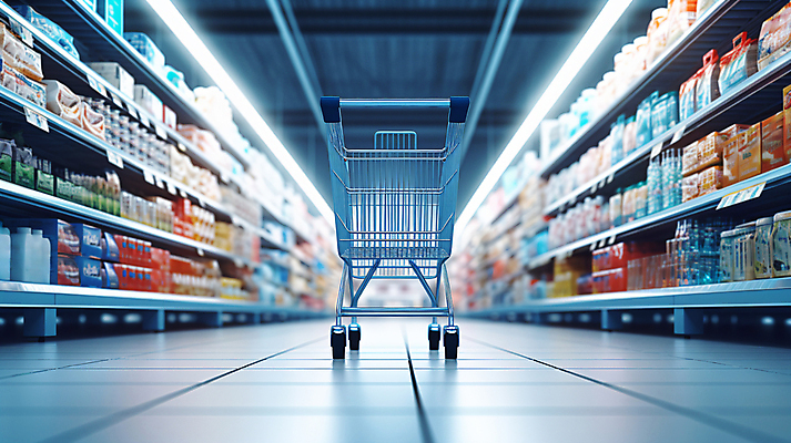 JPG 편집이미지 음식 조명 실내 사람없음 쇼핑 장보기 쇼핑카 상품 디지털합성 진열장 마트 편집실사 AI포토 AI콘텐츠 내부 상점 카트 CG 파일형식