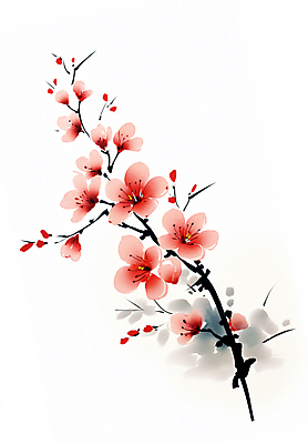 JPG 일러스트 붓터치 수채화 수묵화 사람없음 빨간색 나뭇가지 매화 번짐 홍매화 국내일러스트 AI일러스트 AI콘텐츠 나무 꽃 컬러 미술 파일형식 효과