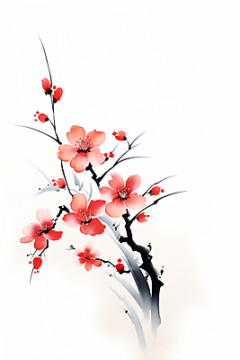 JPG 꽃 일러스트 붓터치 수채화 수묵화 사람없음 빨간색 나뭇가지 매화 번짐 홍매화 국내일러스트 AI일러스트 AI콘텐츠 나무 식물 컬러 미술 파일형식 효과