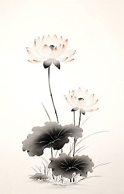 JPG 일러스트 붓터치 수채화 연꽃 수묵화 사람없음 연잎 번짐 국내일러스트 AI일러스트 AI콘텐츠 꽃 잎 미술 파일형식 효과