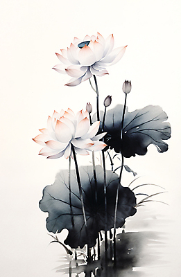 JPG 일러스트 붓터치 수채화 연꽃 수묵화 사람없음 연잎 번짐 국내일러스트 AI일러스트 AI콘텐츠 꽃 잎 미술 파일형식 효과