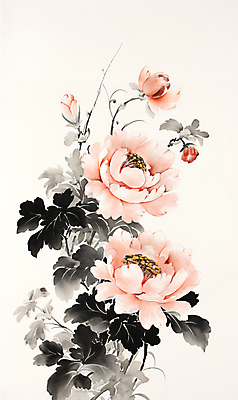 JPG 분홍색 일러스트 붓터치 수채화 수묵화 사람없음 번짐 모란 작약 국내일러스트 AI일러스트 AI콘텐츠 꽃 컬러 미술 파일형식 효과