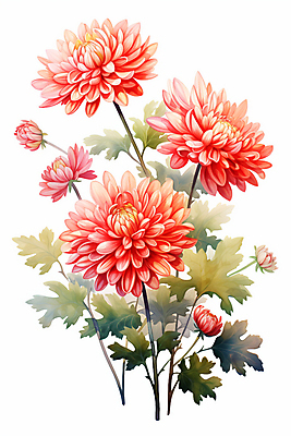 JPG 꽃 일러스트 페인팅 국화 사람없음 빨간색 그림 국내일러스트 AI일러스트 AI콘텐츠 식물 컬러 파일형식