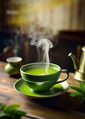 JPG 편집이미지 사람없음 컵 연기 찻잔 녹차 컵받침 디지털합성 나무탁자 녹차잎 편집소스 편집실사 AI포토 AI콘텐츠 식기 탁자 잔 차_음료 받침대 CG 찻잎 파일형식
