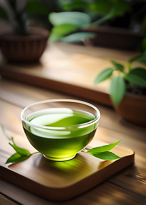 JPG 편집이미지 사람없음 찻잔 녹차 디지털합성 나무도마 나무탁자 녹차잎 편집소스 편집실사 AI포토 AI콘텐츠 탁자 잔 도마 목재 차_음료 CG 찻잎 파일형식