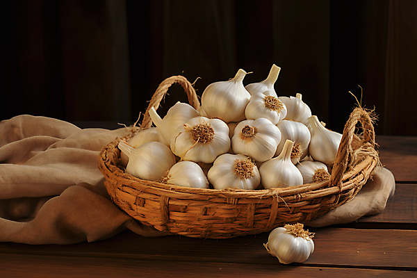 JPG 편집이미지 마늘 사람없음 바구니 여러개 천 담기 나무탁자 통마늘 편집실사 AI포토 AI콘텐츠 다수 채소 모션 탁자 직물 CG 파일형식