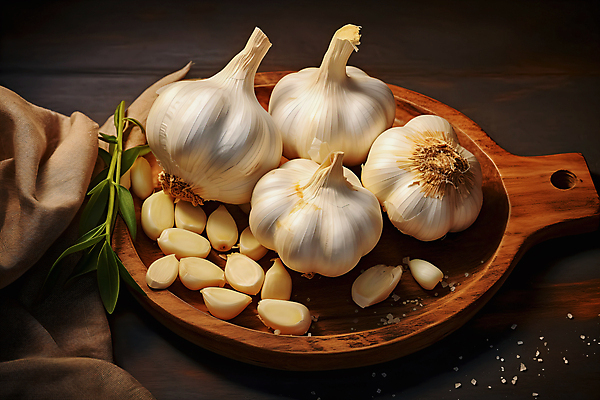 JPG 편집이미지 마늘 사람없음 여러개 천 담기 나무그릇 통마늘 편집실사 AI포토 AI콘텐츠 그릇 다수 채소 모션 목재 직물 CG 파일형식