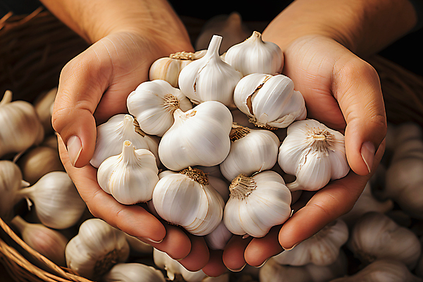 JPG 편집이미지 손 마늘 들기 신체부위 바구니 여러개 가득함 통마늘 편집실사 AI인물포토 AI콘텐츠 다수 채소 모션 사람 CG 파일형식 AI포토