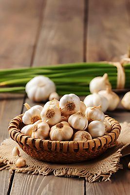 JPG 편집이미지 마늘 사람없음 바구니 여러개 삼베 담기 나무바닥 통마늘 편집실사 AI포토 AI콘텐츠 다수 채소 모션 바닥 CG 파일형식 천_직물