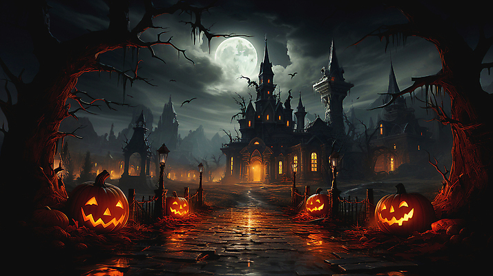 JPG 구름 편집이미지 길 밤하늘 호박 거리 사람없음 어둠 할로윈 보름달 성 디지털합성 대저택 잭오랜턴 호러 오싹 편집실사 AI컴퓨터그래픽 AI콘텐츠 자연요소 건축물 채소 하늘 달 야간 CG 공포 파일형식