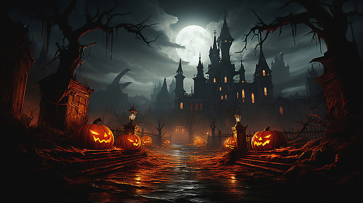 JPG 구름 편집이미지 길 밤하늘 호박 거리 사람없음 어둠 할로윈 보름달 성 디지털합성 대저택 잭오랜턴 호러 오싹 편집실사 AI컴퓨터그래픽 AI콘텐츠 자연요소 건축물 채소 하늘 달 야간 CG 공포 파일형식