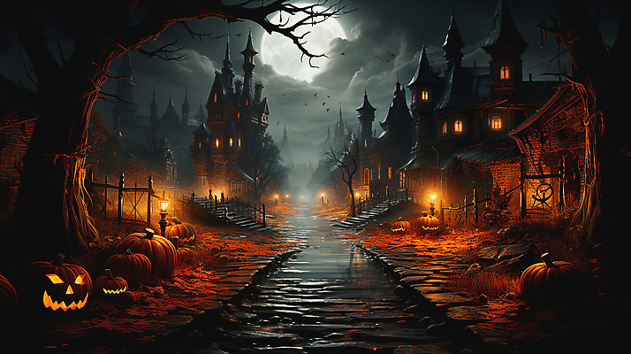 JPG 나무 구름 편집이미지 길 가로등 밤하늘 호박 거리 사람없음 어둠 할로윈 보름달 디지털합성 대저택 잭오랜턴 호러 오싹 편집실사 AI컴퓨터그래픽 AI콘텐츠 자연요소 식물 공공시설 채소 하늘 달 야간 CG 공포 파일형식