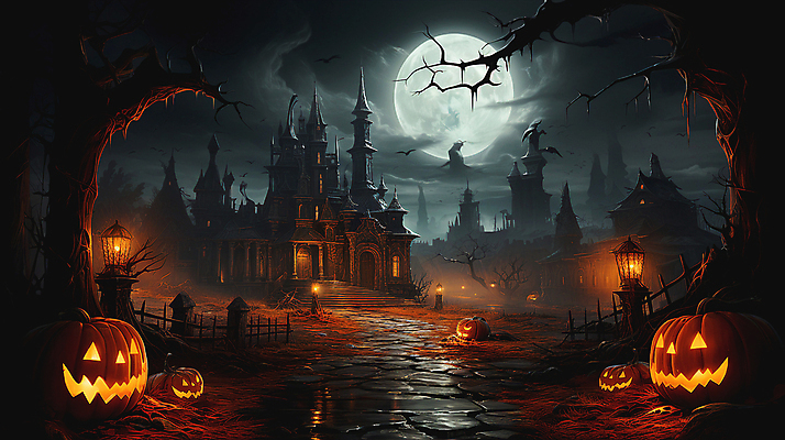 JPG 나무 구름 편집이미지 길 밤하늘 호박 거리 사람없음 어둠 할로윈 보름달 성 디지털합성 대저택 잭오랜턴 호러 오싹 편집실사 AI컴퓨터그래픽 AI콘텐츠 자연요소 식물 건축물 채소 하늘 달 야간 CG 공포 파일형식