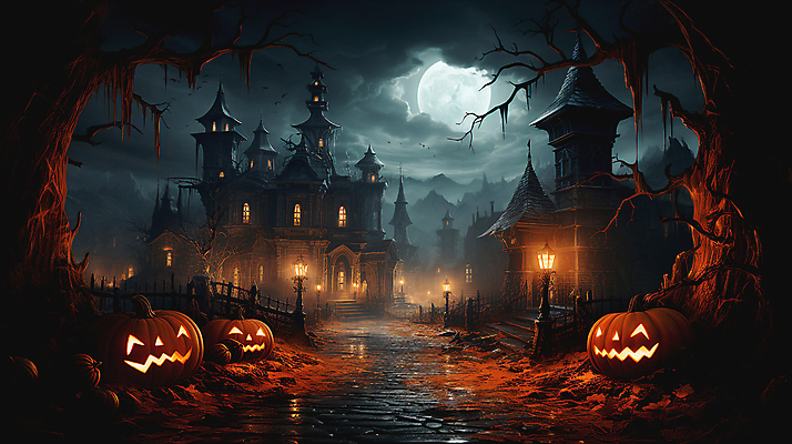 JPG 나무 구름 편집이미지 길 밤하늘 호박 거리 사람없음 어둠 할로윈 보름달 성 디지털합성 대저택 잭오랜턴 호러 오싹 편집실사 AI컴퓨터그래픽 AI콘텐츠 자연요소 식물 건축물 채소 하늘 달 야간 CG 공포 파일형식