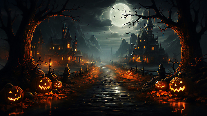 JPG 나무 구름 편집이미지 길 밤하늘 호박 거리 사람없음 어둠 할로윈 보름달 성 디지털합성 대저택 잭오랜턴 호러 오싹 편집실사 AI컴퓨터그래픽 AI콘텐츠 자연요소 식물 건축물 채소 하늘 달 야간 CG 공포 파일형식