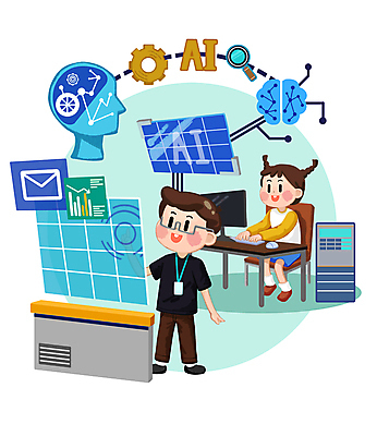 전신 PSD 여자 어린이교육 남자 어린이 의자 일러스트 돋보기 서기 앉기 소녀 소년 두명 컴퓨터 스크린 터치 타이핑 키보드 업무 연구원 책상 얼굴모양 두뇌 장래희망 터치스크린 어린이만 안경낌 AI_인공지능 국내일러스트 모양 직업 교육 안경 얼굴 가구 모션 사람 전자제품 작업 뇌 파일형식