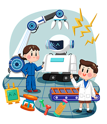 전신 PSD 여자 어린이교육 남자 어린이 일러스트 작업복 서기 들기 소녀 소년 두명 기계 나사 스패너 가리킴 로봇 장래희망 로봇산업 번개모양 컨베어밸트 어린이만 국내일러스트 모양 옷 교육 산업 모션 사람 손짓 공구 번개 파일형식