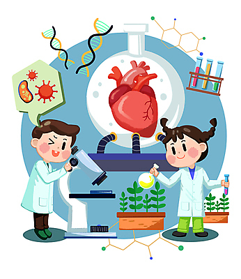 전신 PSD 여자 어린이교육 남자 어린이 말풍선 일러스트 현미경 서기 들기 소녀 소년 두명 심장 관찰 바이러스 DNA 생명공학 연구원 과학자 시험관 장래희망 어린이만 국내일러스트 직업 교육 과학 의학 모션 실험기구 사람 장기_의학 학자 파일형식