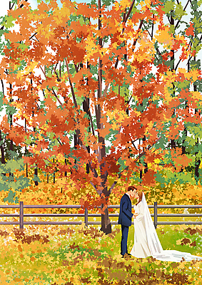 전신 PSD 여자 남자 웨딩드레스 결혼 일러스트 신혼부부 단풍나무 결혼식 서기 턱시도 성인 두명 울타리 마주보기 가을 신랑신부 성인만 얼굴맞대기 웨딩촬영 국내일러스트 나무 부부 드레스 계절 신부_웨딩 신랑 단풍 모션 사람 정장 이벤트 담장 신혼 기념사진 파일형식