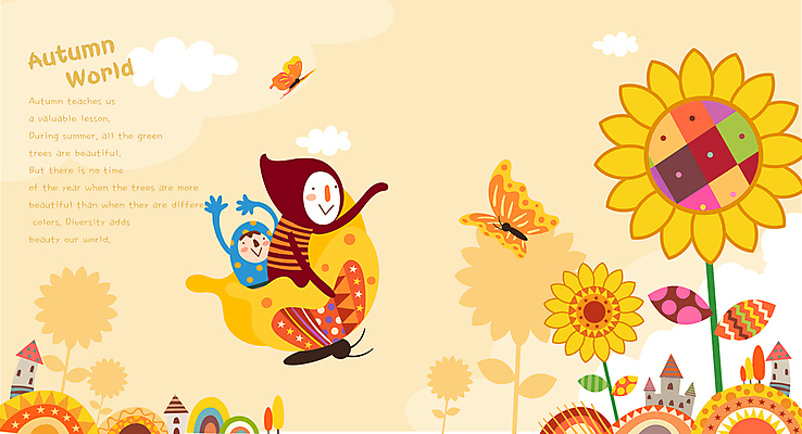 구름 어린이 나비 일러스트 하늘 해바라기 주택 사람 상반신 두명 노란색 가을풍경 만세 가을 비행 승차 가을여행 어린이만 국내일러스트 AI파일 자연요소 계절 꽃 컬러 여행 곤충 모션 풍경 건물 파일형식 벡터 가을_계절