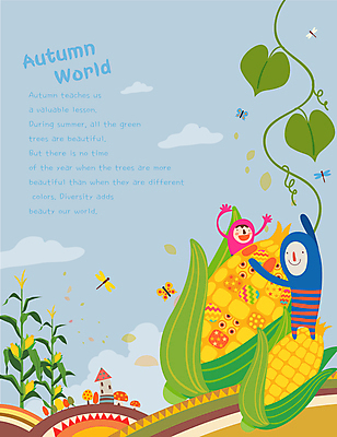 전신 구름 어린이 일러스트 하늘 주택 옥수수 사람 두명 손들기 가을풍경 만세 가을 잠자리 덩굴 가을여행 어린이만 국내일러스트 AI파일 자연요소 식물 계절 여행 곤충 모션 곡류 풍경 건물 파일형식 벡터 가을_계절