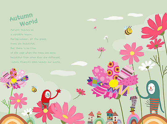 전신 구름 어린이 일러스트 하늘 주택 사람 두명 연두색 손들기 가을풍경 가을 잡기 벌 코스모스 가을여행 어린이만 국내일러스트 AI파일 자연요소 계절 꽃 여행 곤충 모션 풍경 건물 초록색 파일형식 벡터 가을_계절