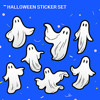 스티커 일러스트 사람없음 파란색 세트 할로윈 유령 엘리먼트 키치 국내일러스트 AI파일 컬러 컨셉 파일형식 벡터