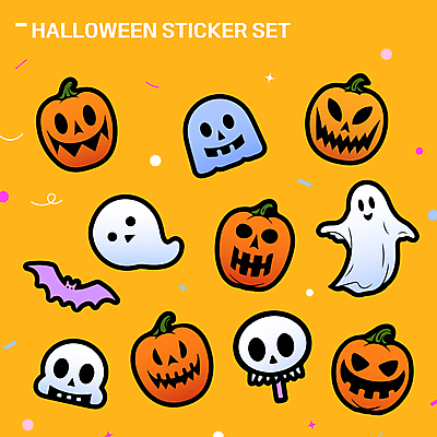 스티커 일러스트 호박 해골 사람없음 세트 노란색 유령 박쥐 엘리먼트 잭오랜턴 키치 국내일러스트 AI파일 컬러 컨셉 채소 포유류 뼈 할로윈 파일형식 벡터