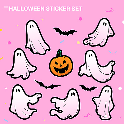 분홍색 스티커 일러스트 호박 사람없음 세트 유령 박쥐 엘리먼트 잭오랜턴 키치 국내일러스트 AI파일 컬러 컨셉 채소 포유류 할로윈 파일형식 벡터